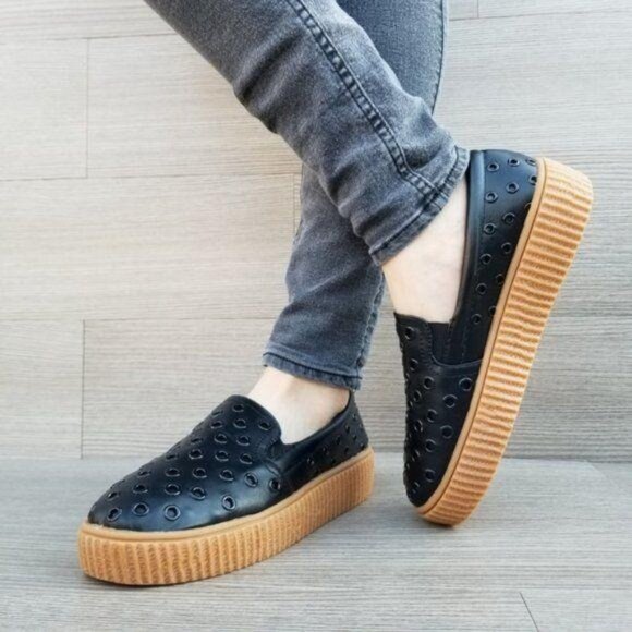 Black Perforated Slip On Shoes Gum Sole Platform - Picture 5 of 7